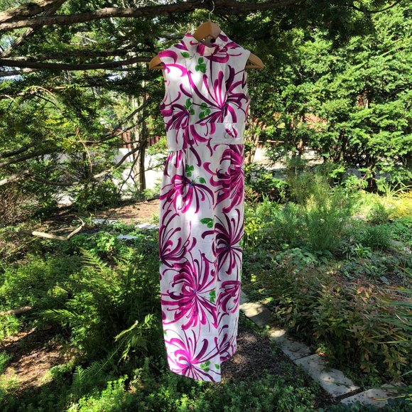 Vintage 60s Evelyn Margolis Hawaiian Floral Barkcloth Formal Maxi Dress XXS/XS - Picture 13 of 17